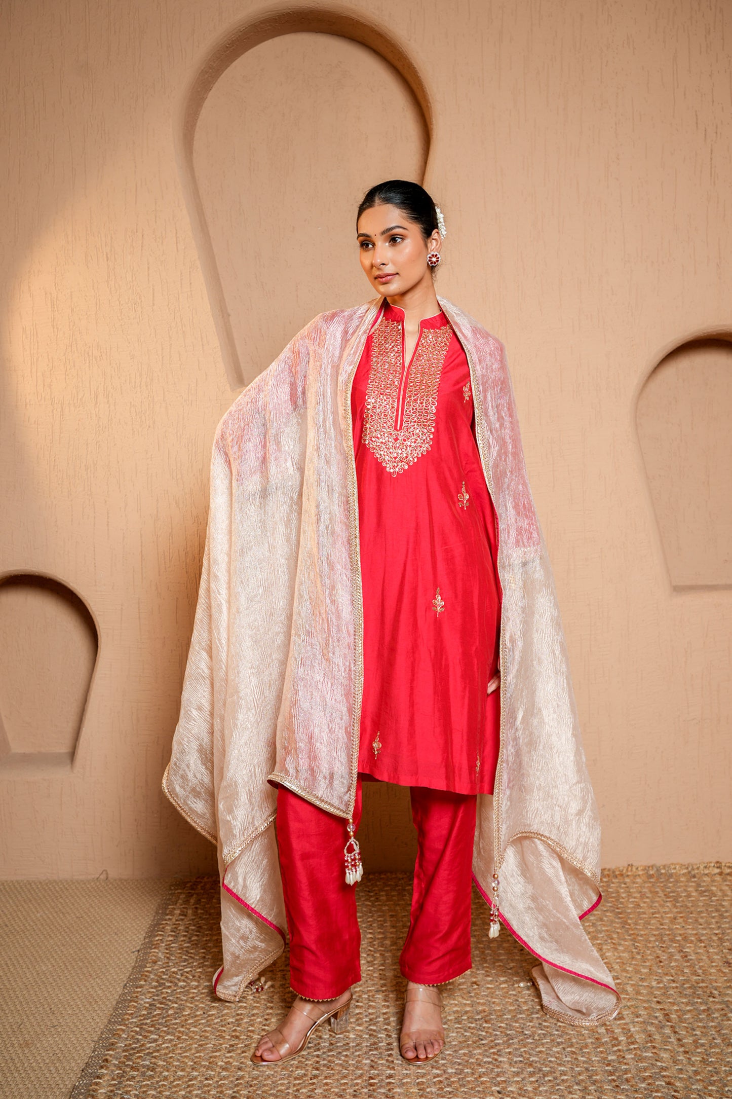 Red Chanderi Zari And Sequene Hand Work Kurta Set