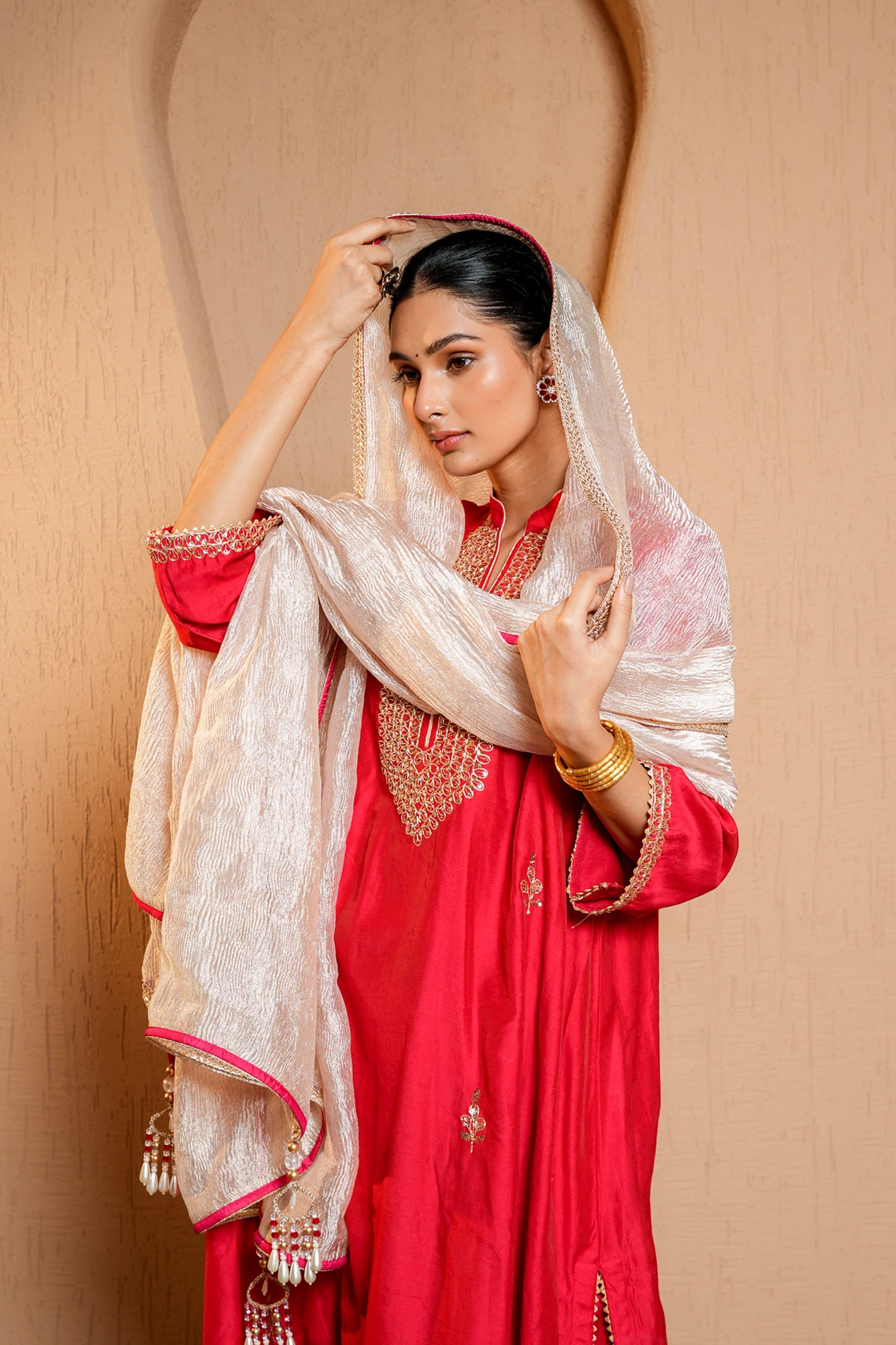 Red Chanderi Zari And Sequene Hand Work Kurta Set