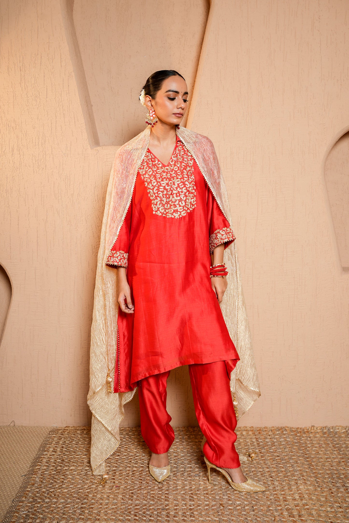 Red Chanderi Dori Hand Embroidery Kurta Set