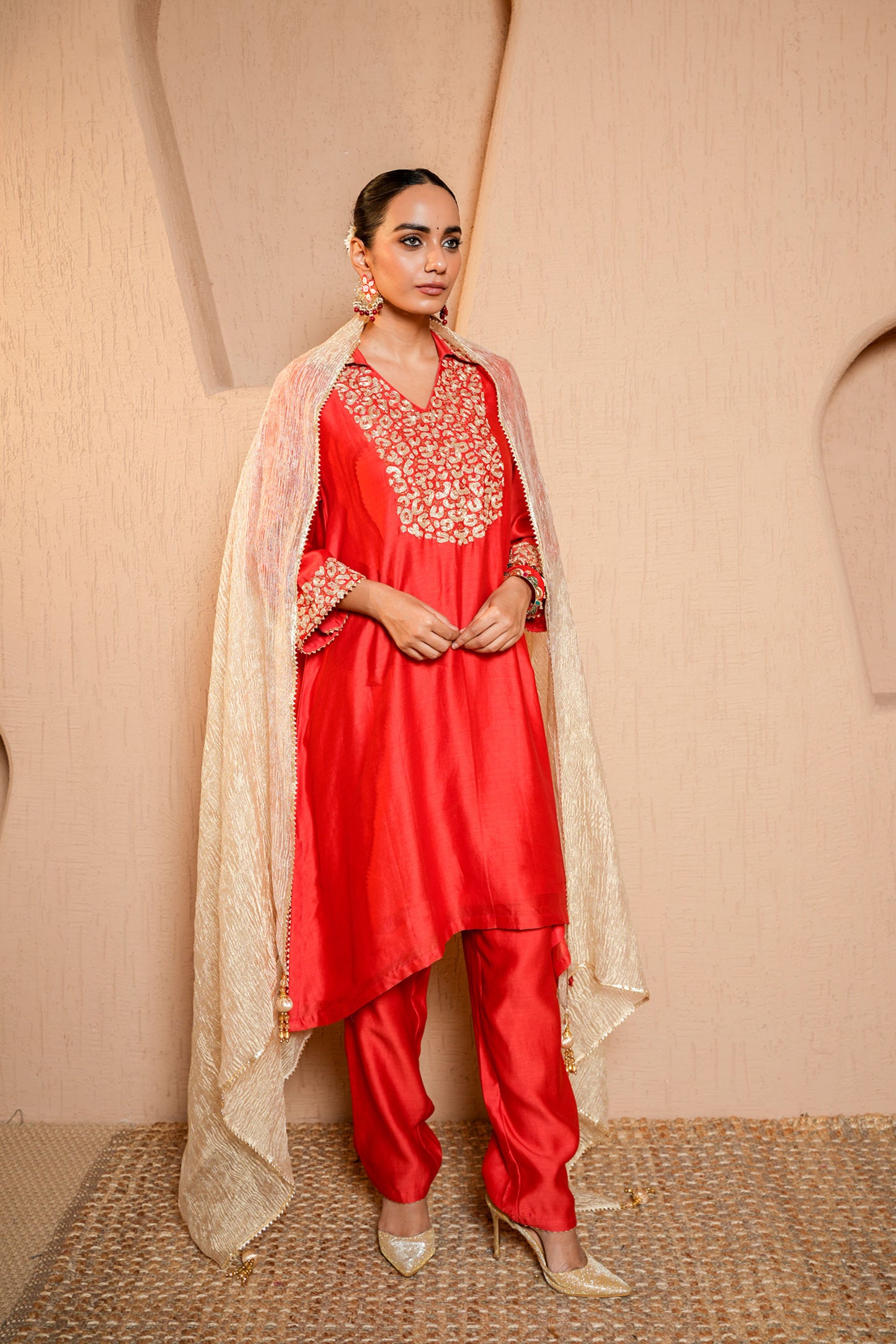 Red Chanderi Dori Hand Embroidery Kurta Set