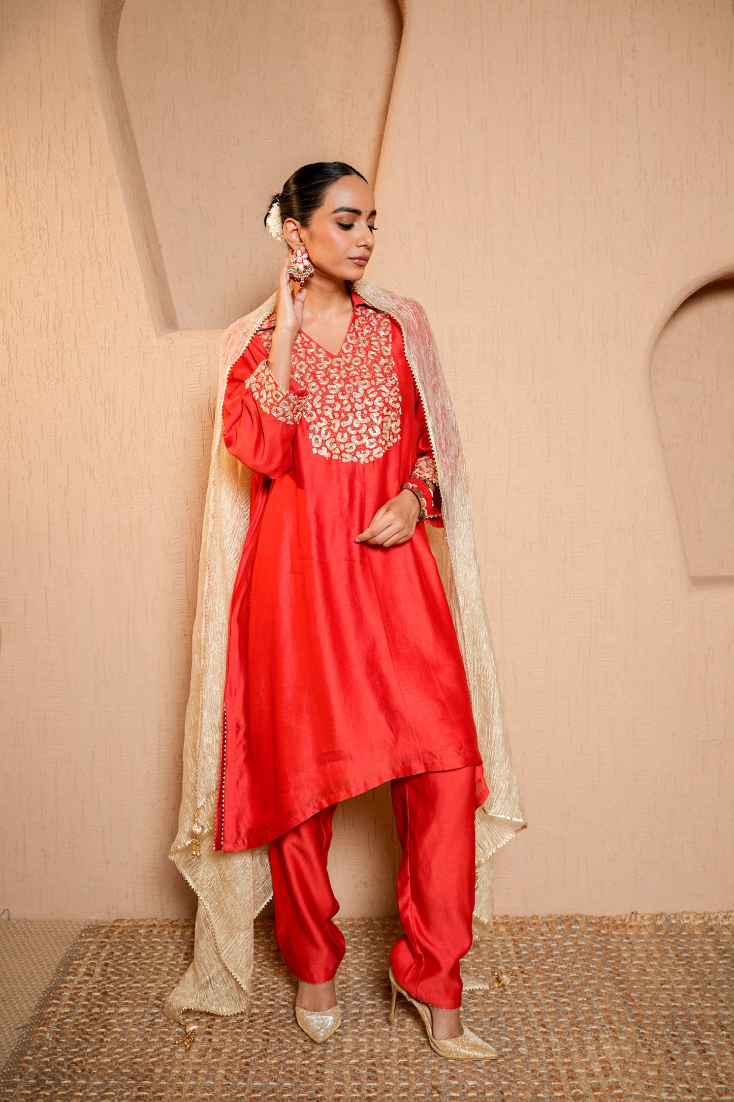 Red Chanderi Dori Hand Embroidery Kurta Set