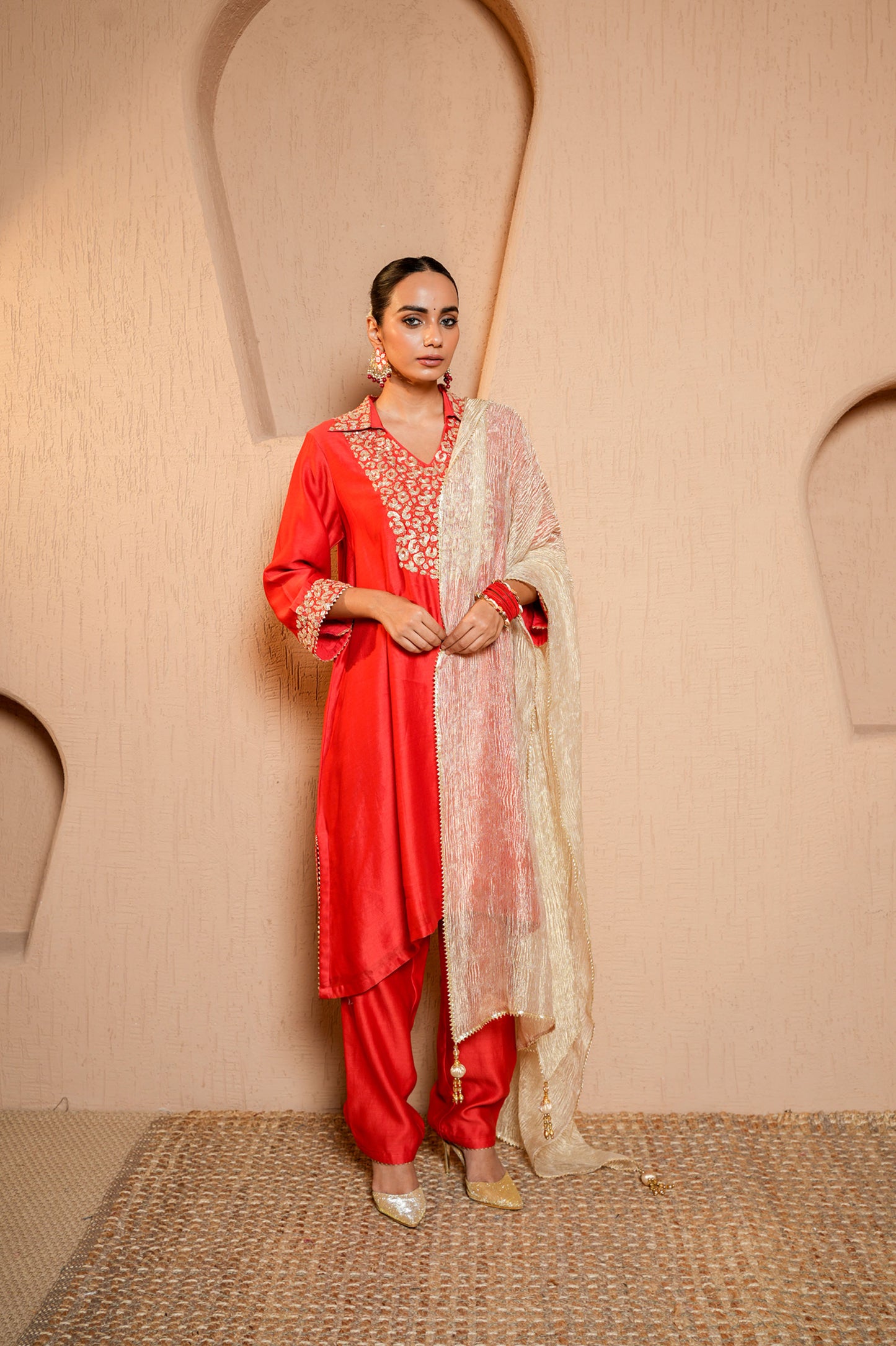 Red Chanderi Dori Hand Embroidery Kurta Set