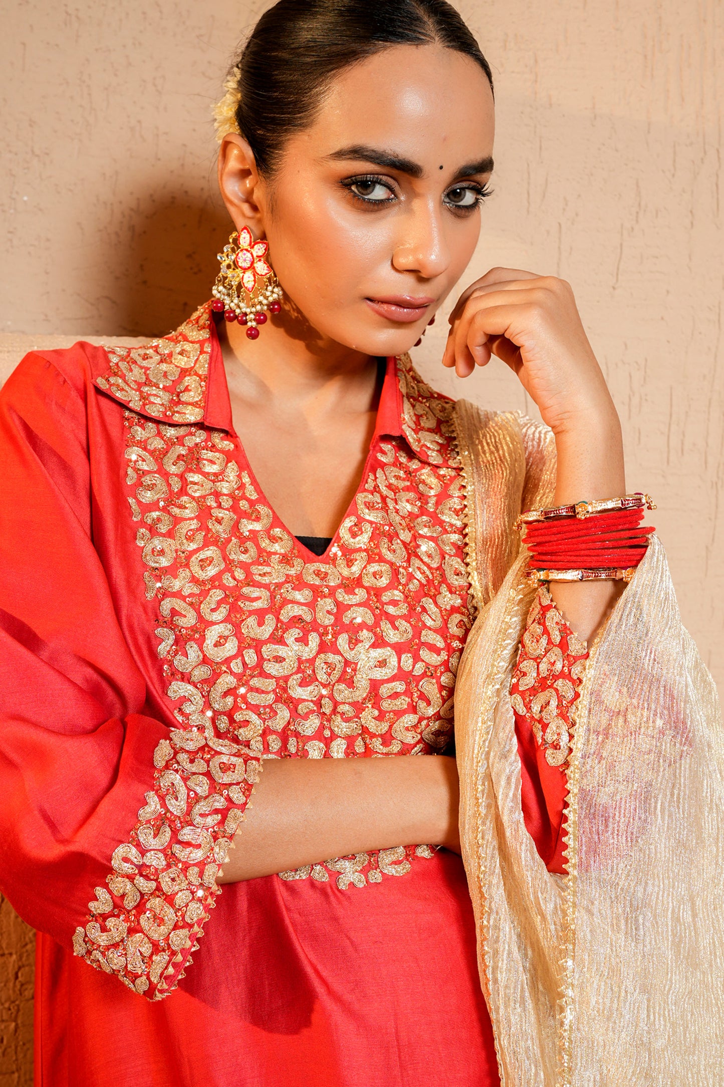 Red Chanderi Dori Hand Embroidery Kurta Set