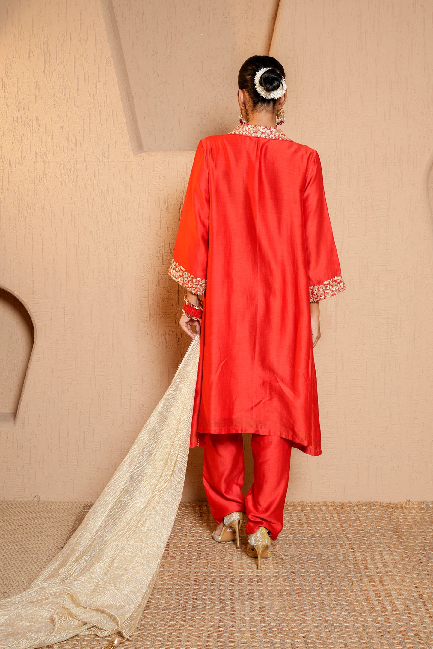 Red Chanderi Dori Hand Embroidery Kurta Set