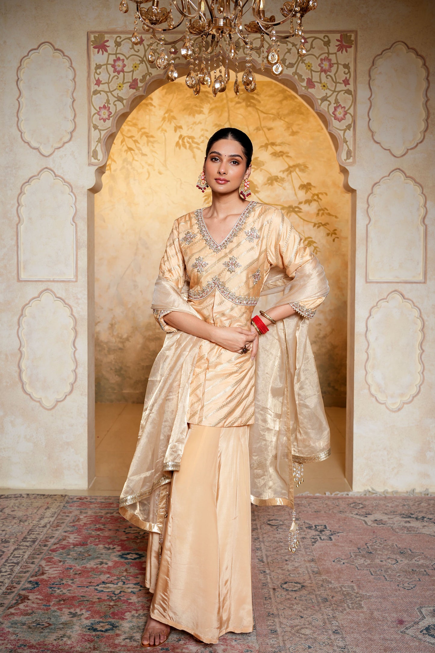 Golden Banarasi Silk Sharara With Dabka Hand Work