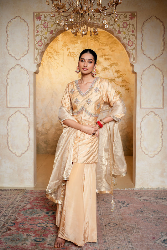 Golden Banarasi Silk Sharara With Dabka Hand Work