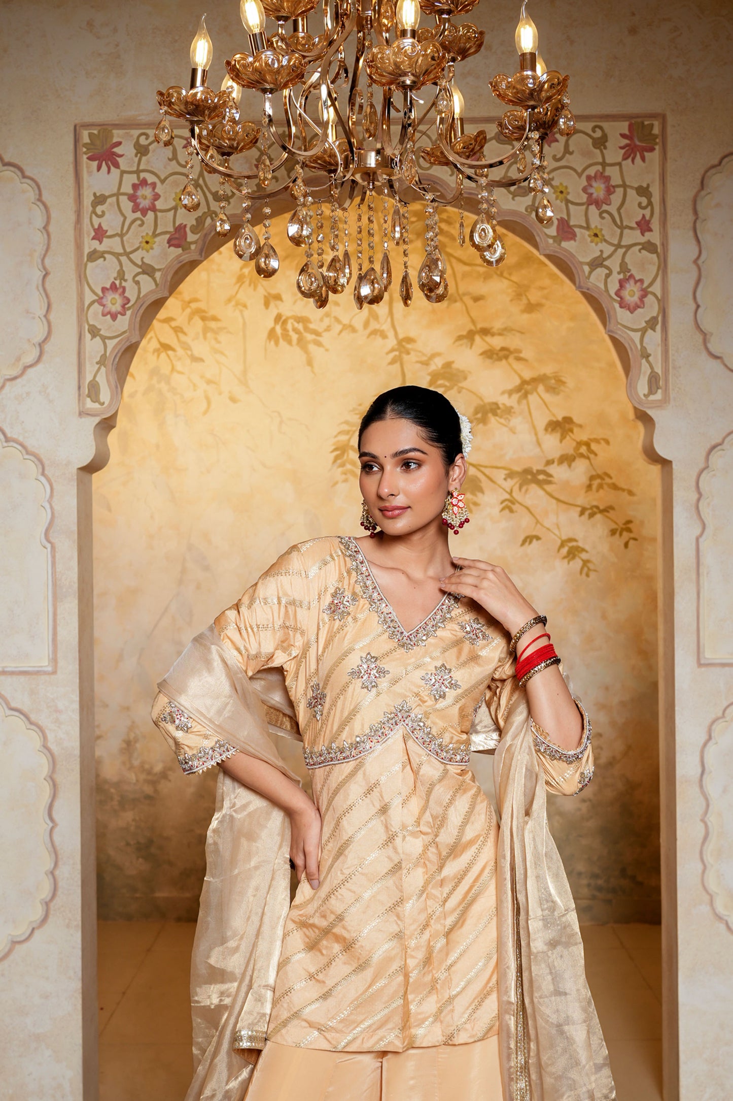 Golden Banarasi Silk Sharara With Dabka Hand Work
