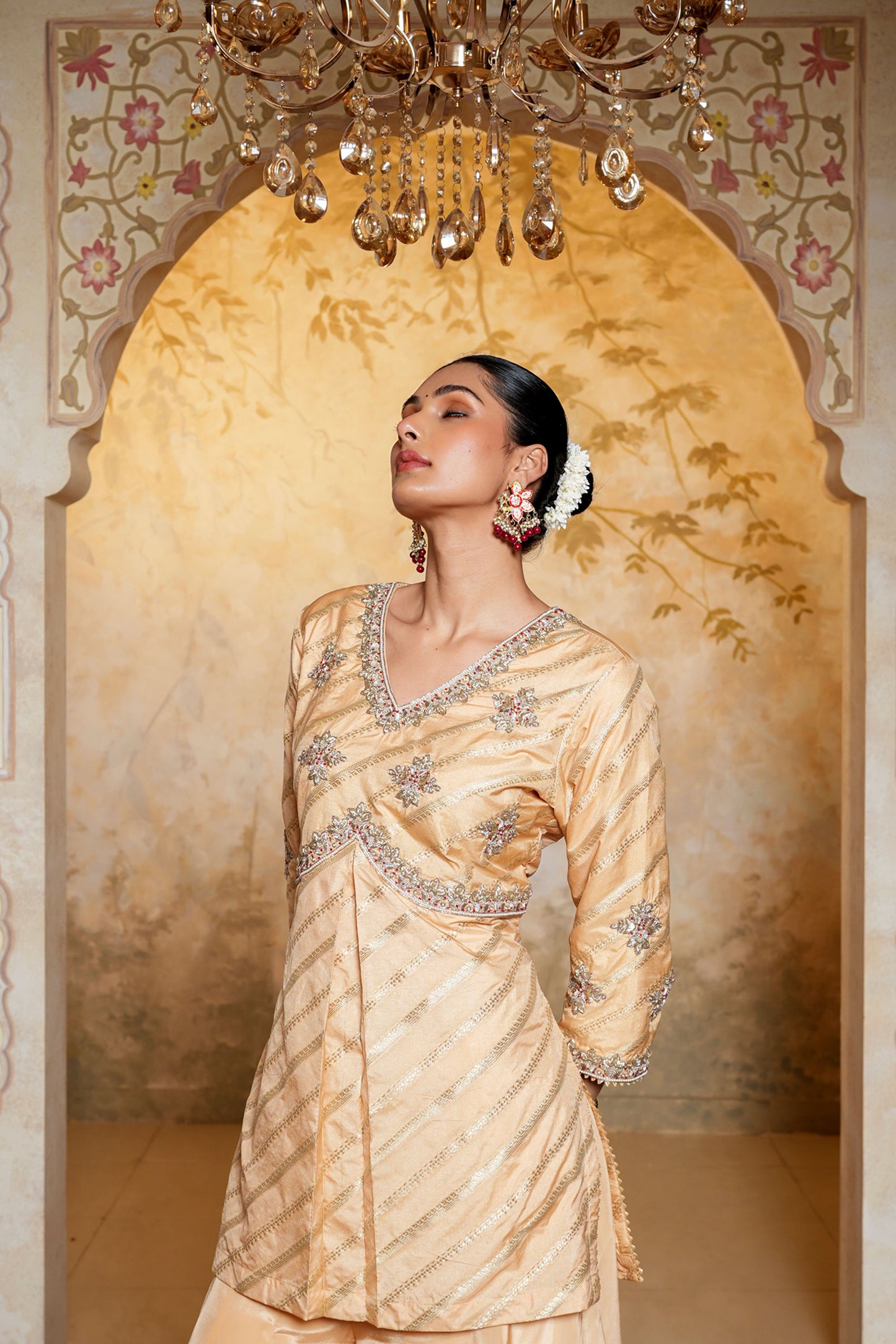 Golden Banarasi Silk Sharara With Dabka Hand Work