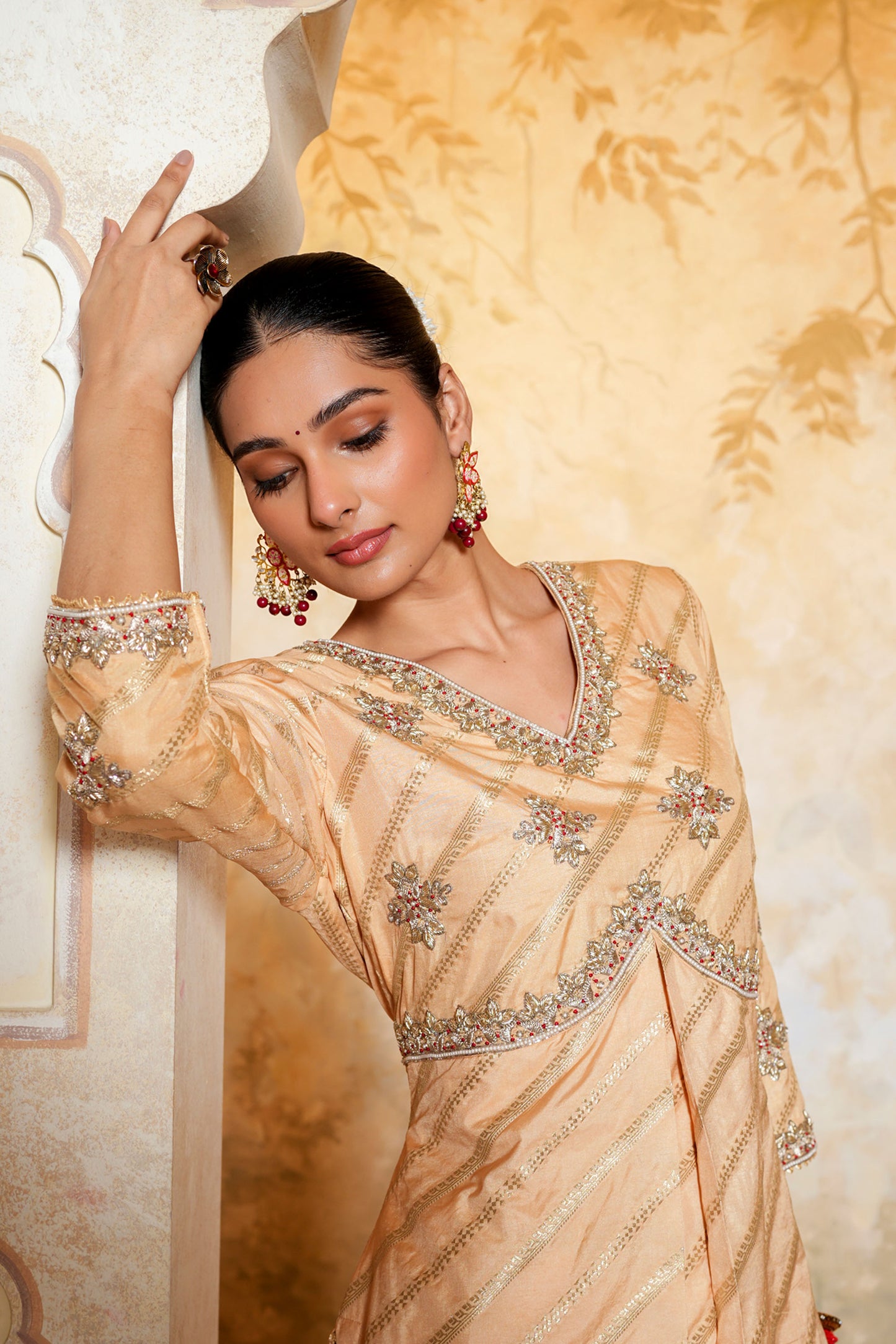 Golden Banarasi Silk Sharara With Dabka Hand Work