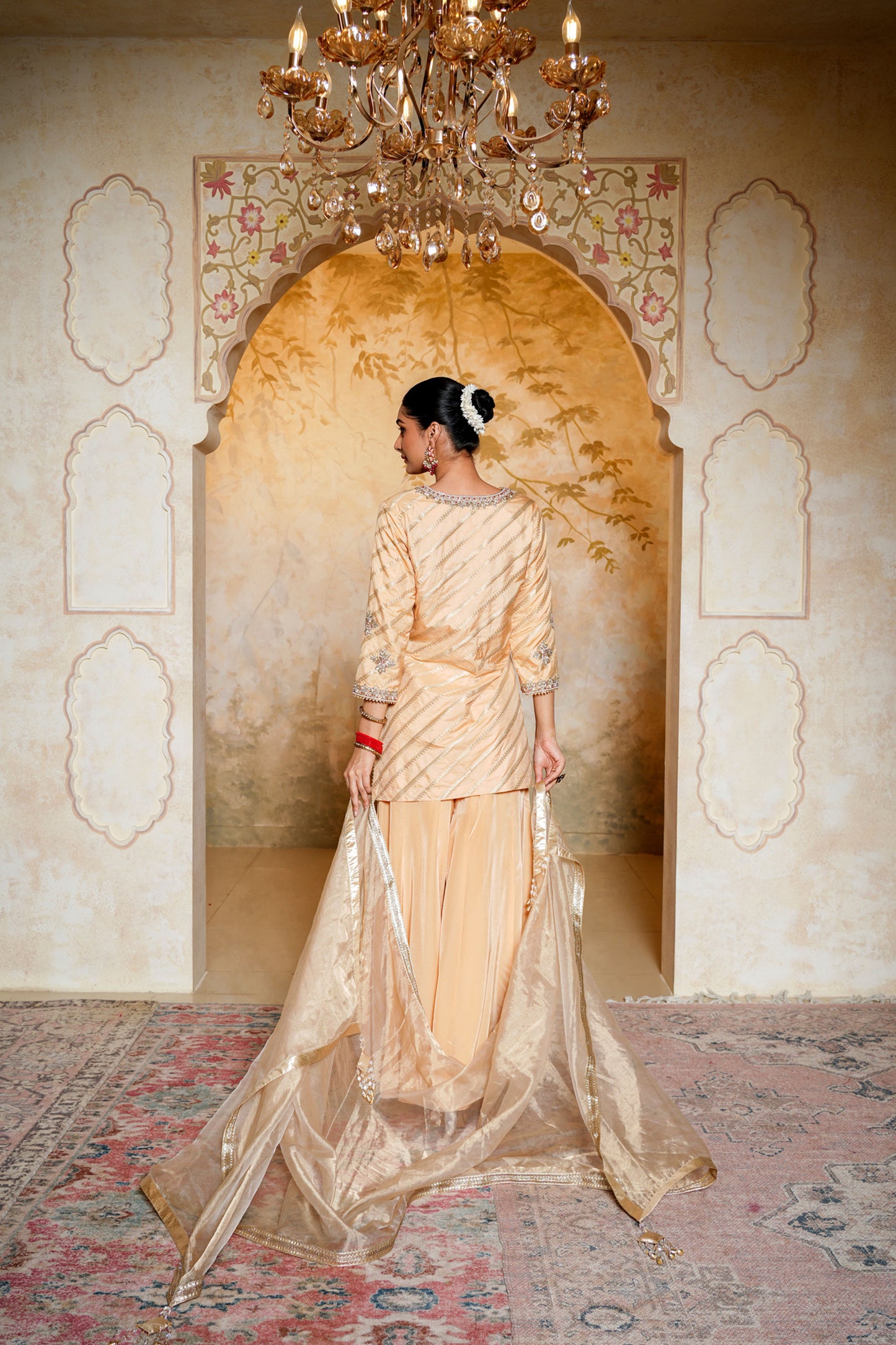 Golden Banarasi Silk Sharara With Dabka Hand Work