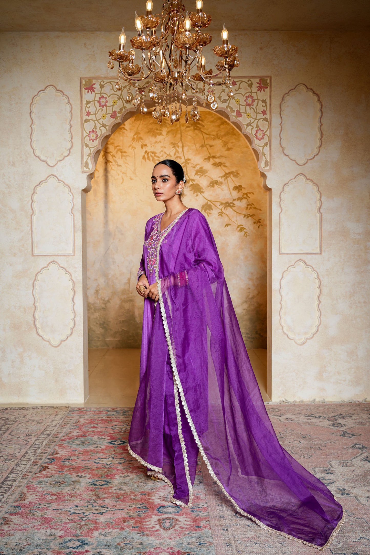 Purple Chanderi With Booti Hand Work Kurta Set