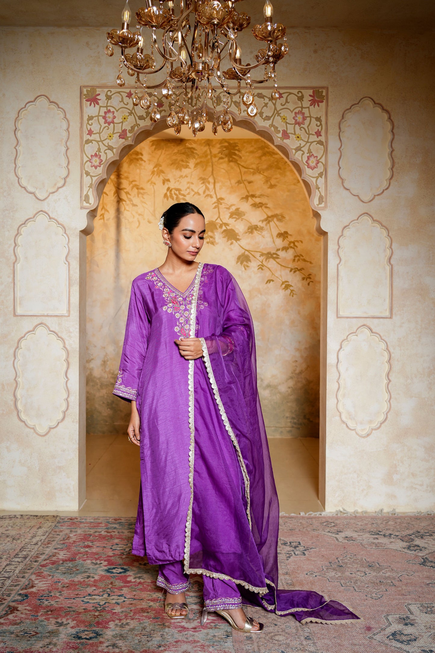 Purple Chanderi With Booti Hand Work Kurta Set