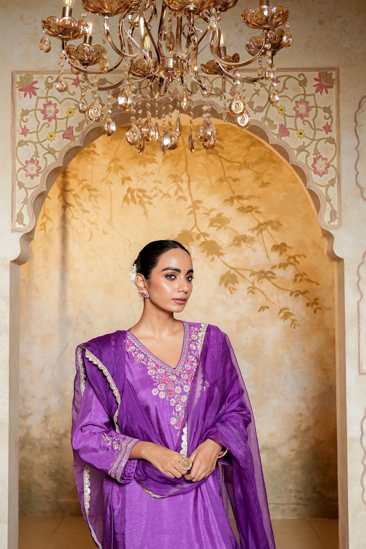 Purple Chanderi With Booti Hand Work Kurta Set