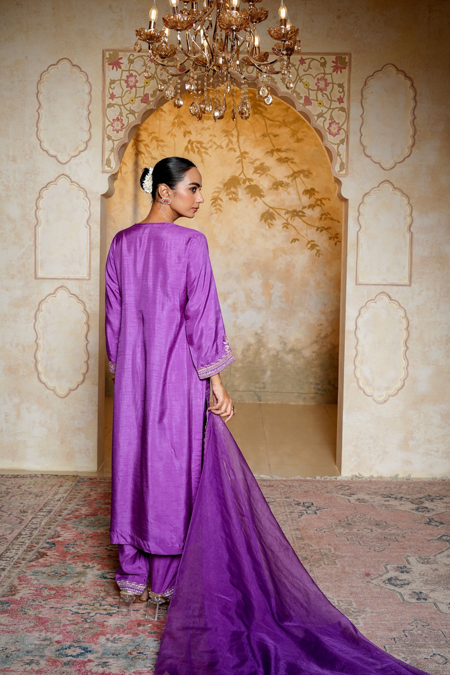 Purple Chanderi With Booti Hand Work Kurta Set