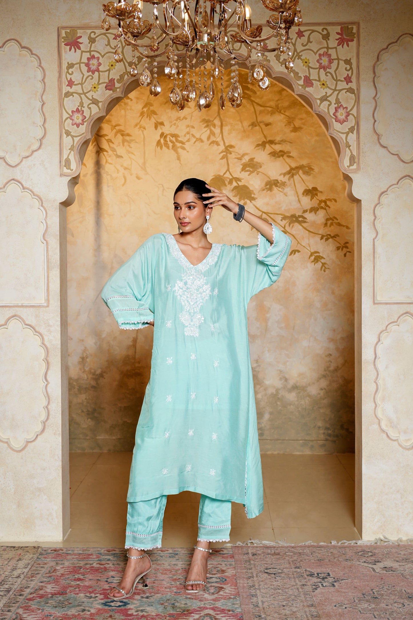 Aqua Green Kaftan With Dori Pearl Work & Hand Embroidery