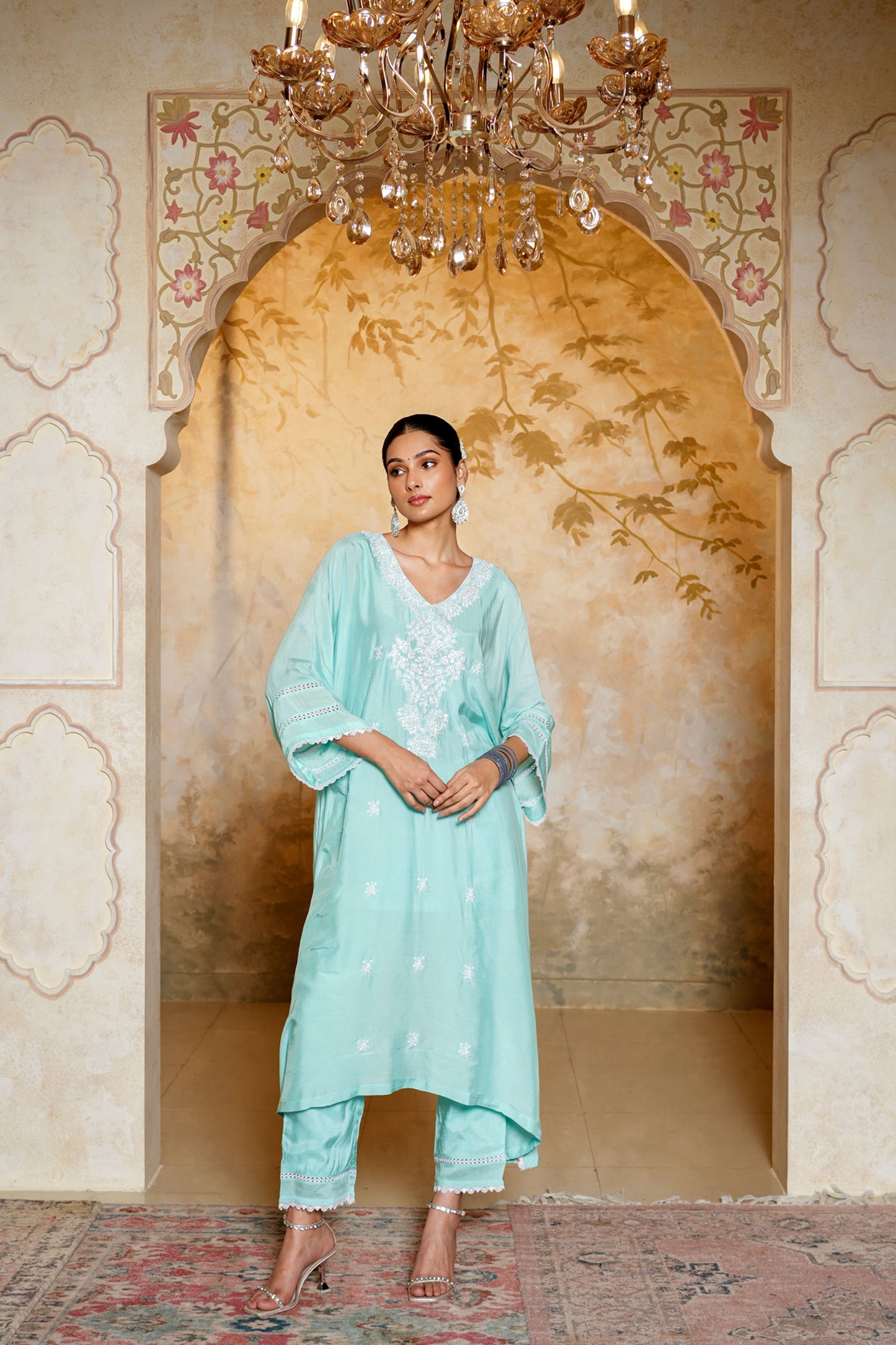 Aqua Green Kaftan With Dori Pearl Work & Hand Embroidery
