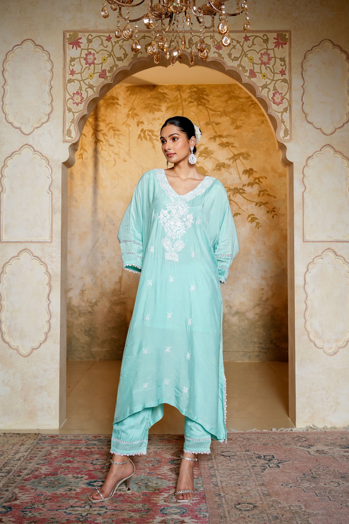 Aqua Green Kaftan With Dori Pearl Work & Hand Embroidery