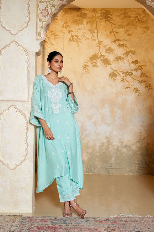 Aqua Green Kaftan With Dori Pearl Work & Hand Embroidery