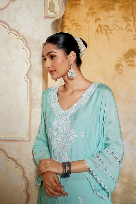 Aqua Green Kaftan With Dori Pearl Work & Hand Embroidery