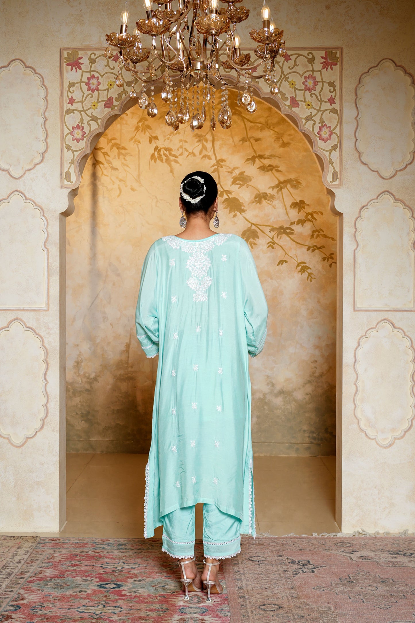 Aqua Green Kaftan With Dori Pearl Work & Hand Embroidery