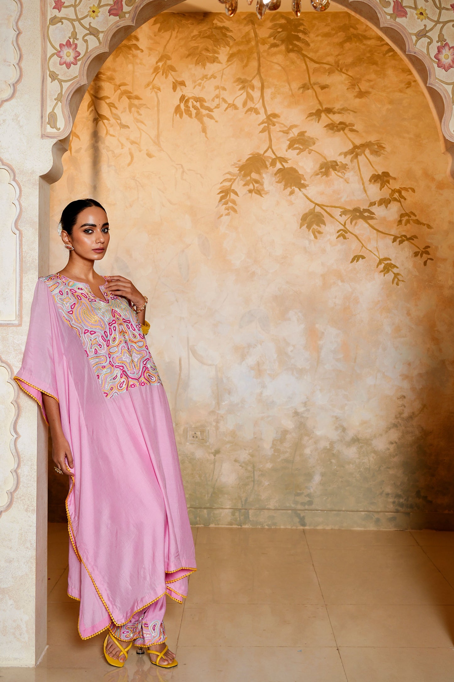 Pink Kaftan-pant Set With Thread & Beads Handwork