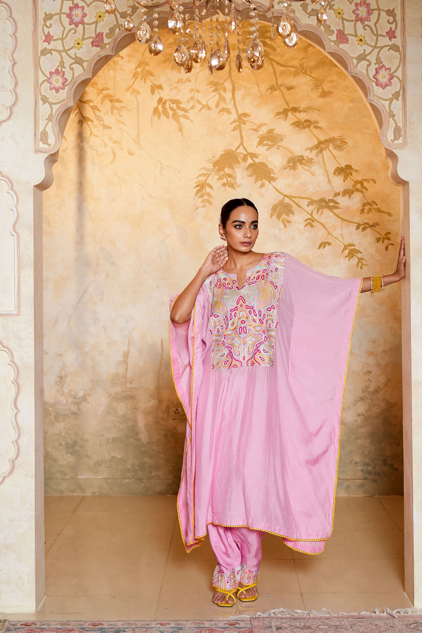 Pink Kaftan-pant Set With Thread & Beads Handwork