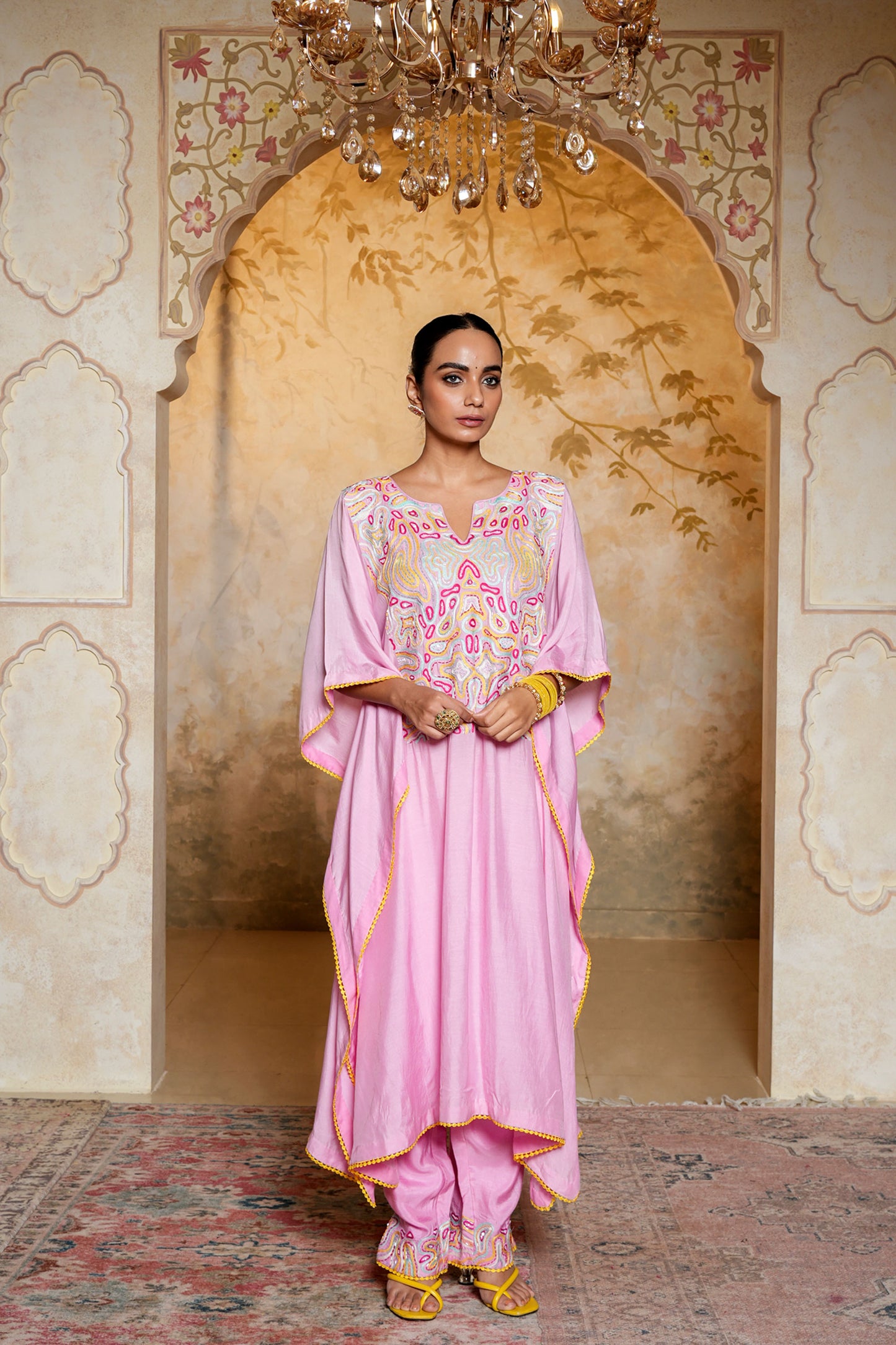 Pink Kaftan-pant Set With Thread & Beads Handwork