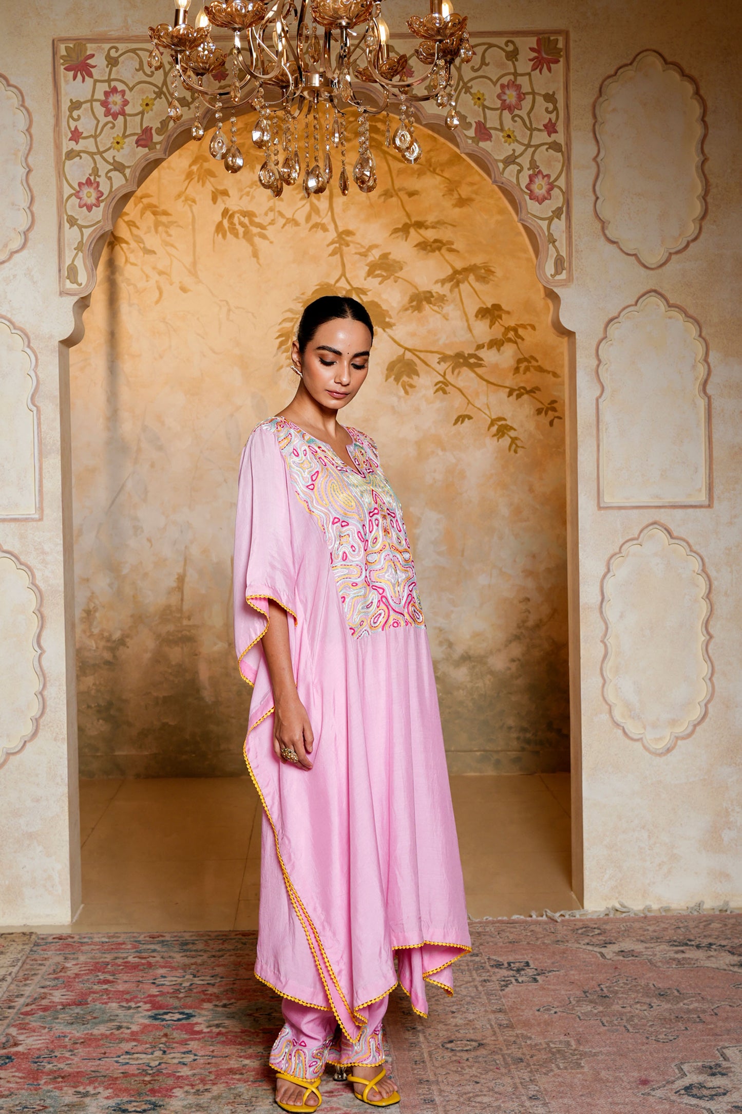 Pink Kaftan-pant Set With Thread & Beads Handwork