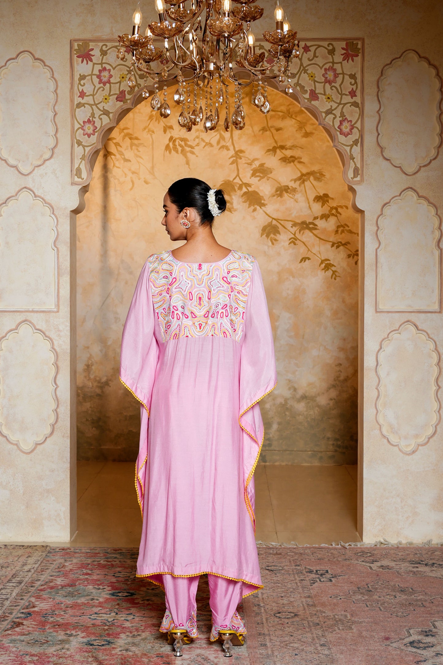 Pink Kaftan-pant Set With Thread & Beads Handwork