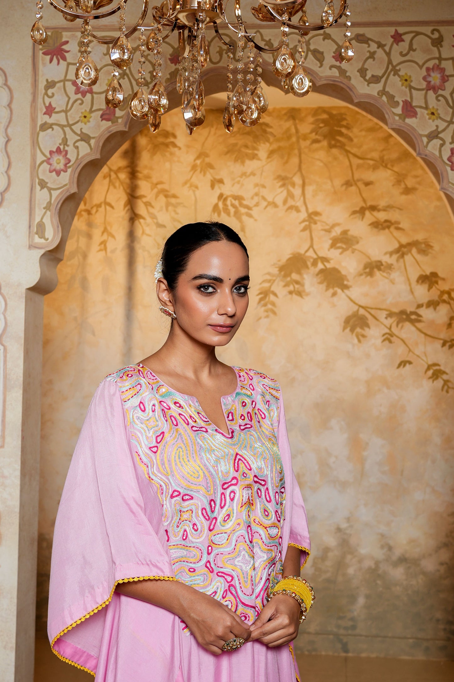 Pink Kaftan-pant Set With Thread & Beads Handwork