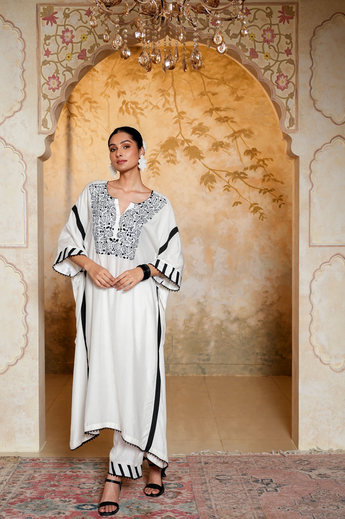 White & Black Muslin Beads Hand Work Embroidery Kaftan