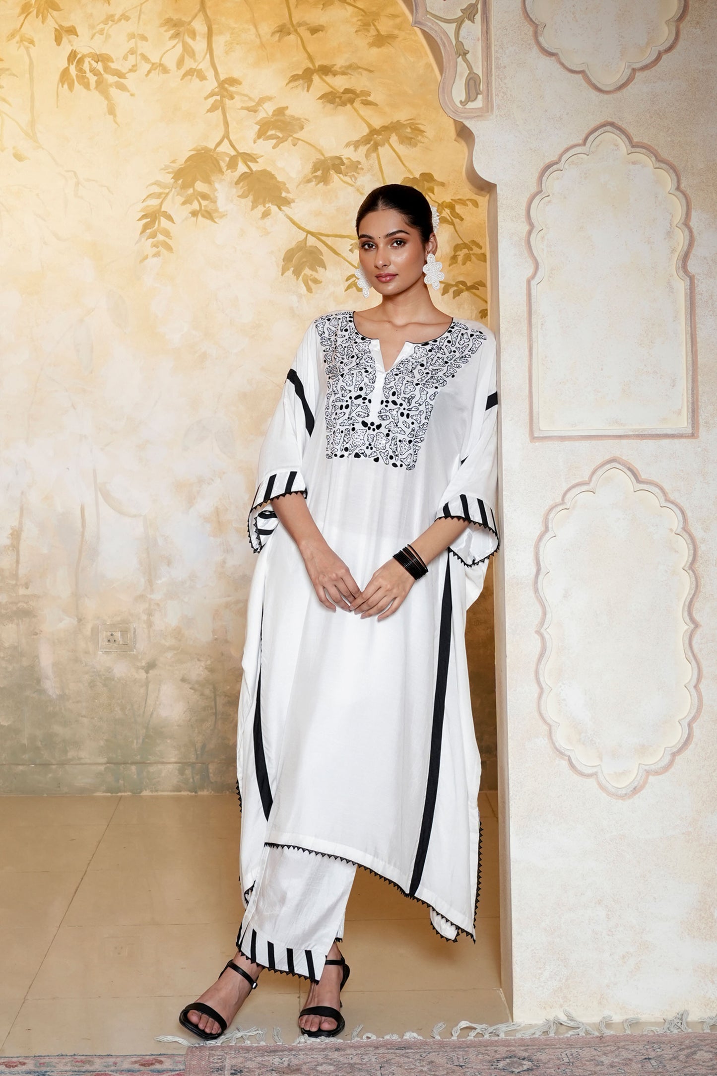 White & Black Muslin Beads Hand Work Embroidery Kaftan