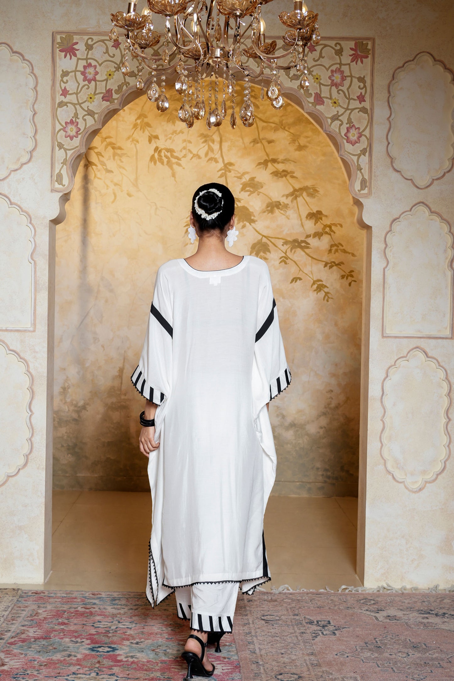 White & Black Muslin Beads Hand Work Embroidery Kaftan