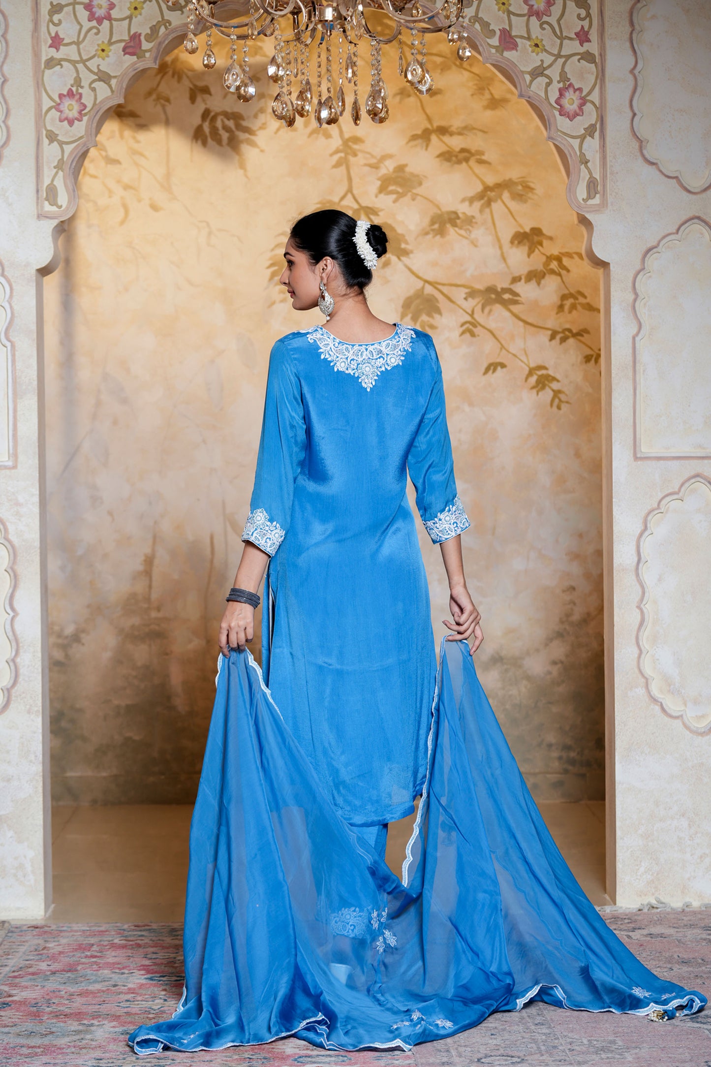 Blue Chinnon With Dori Work Suit Set