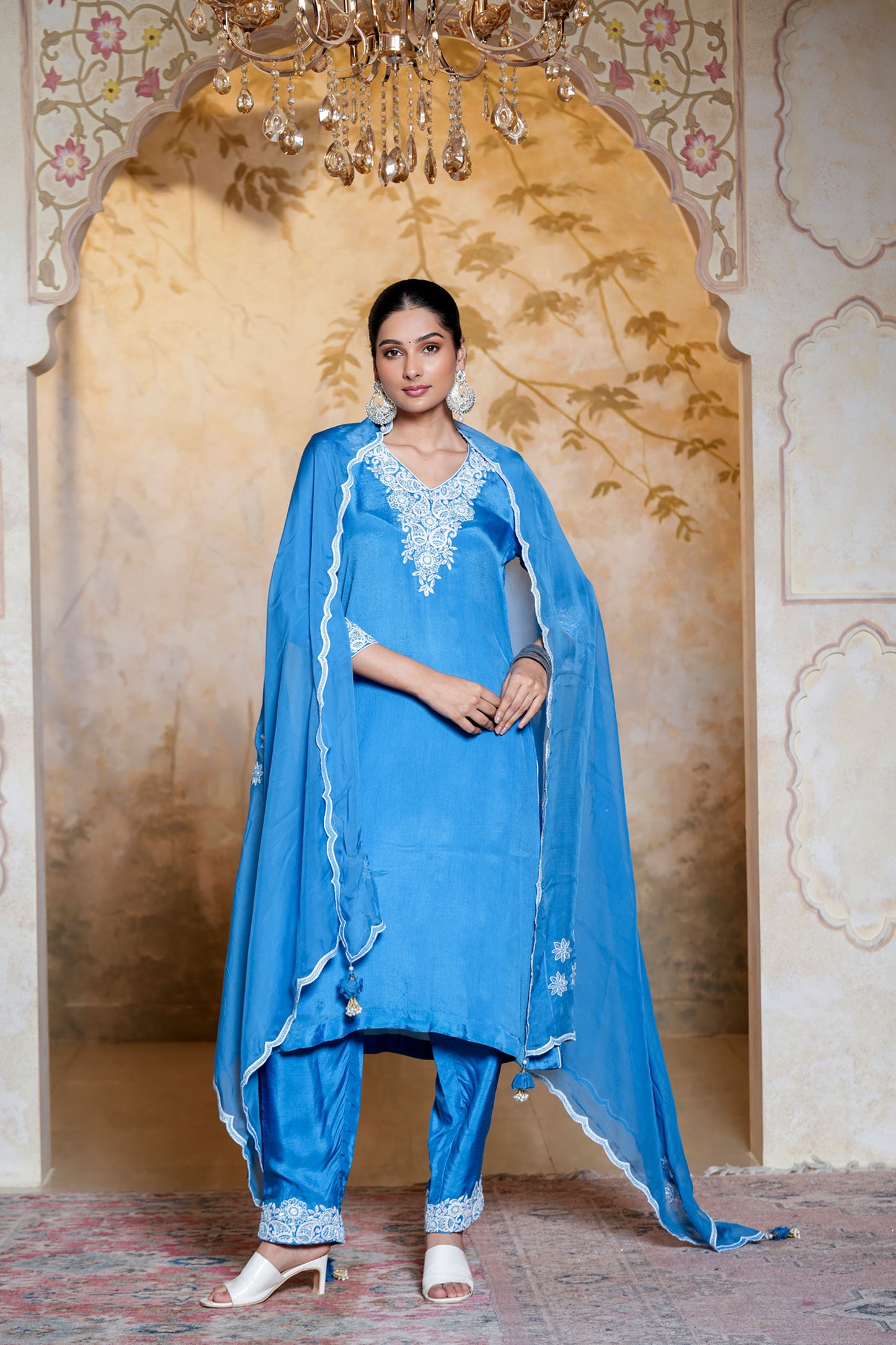 Blue Chinnon With Dori Work Suit Set