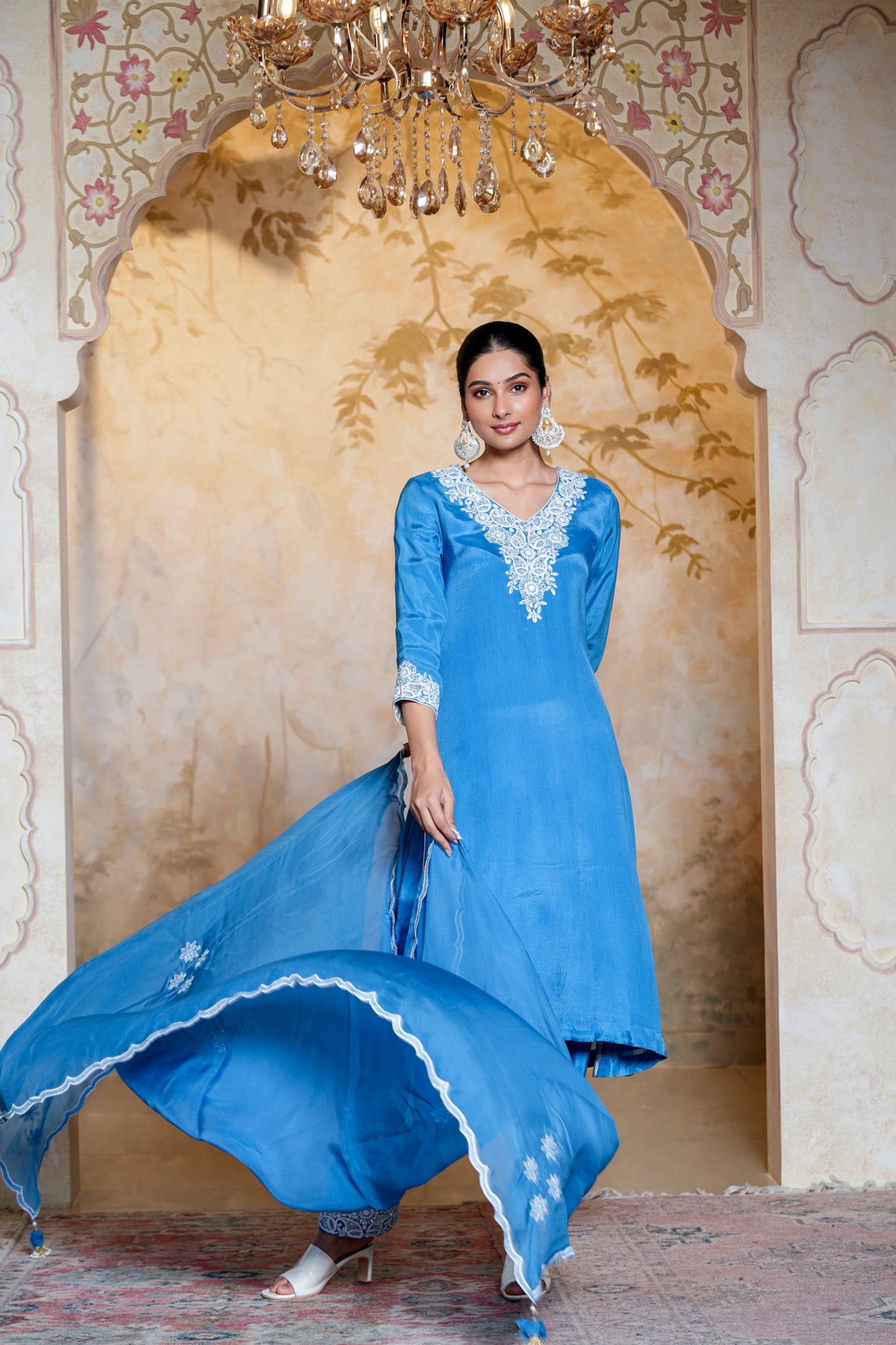 Blue Chinnon With Dori Work Suit Set