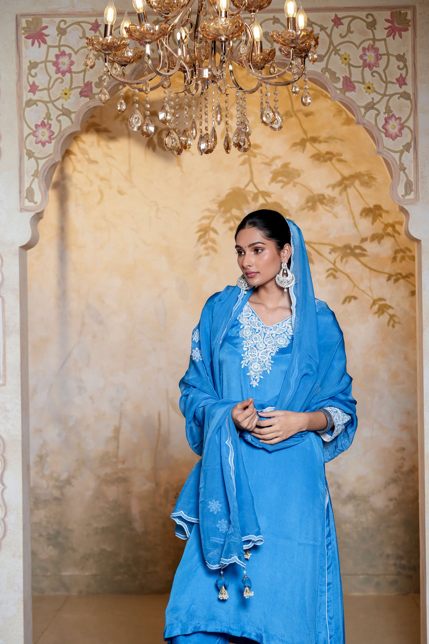 Blue Chinnon With Dori Work Suit Set