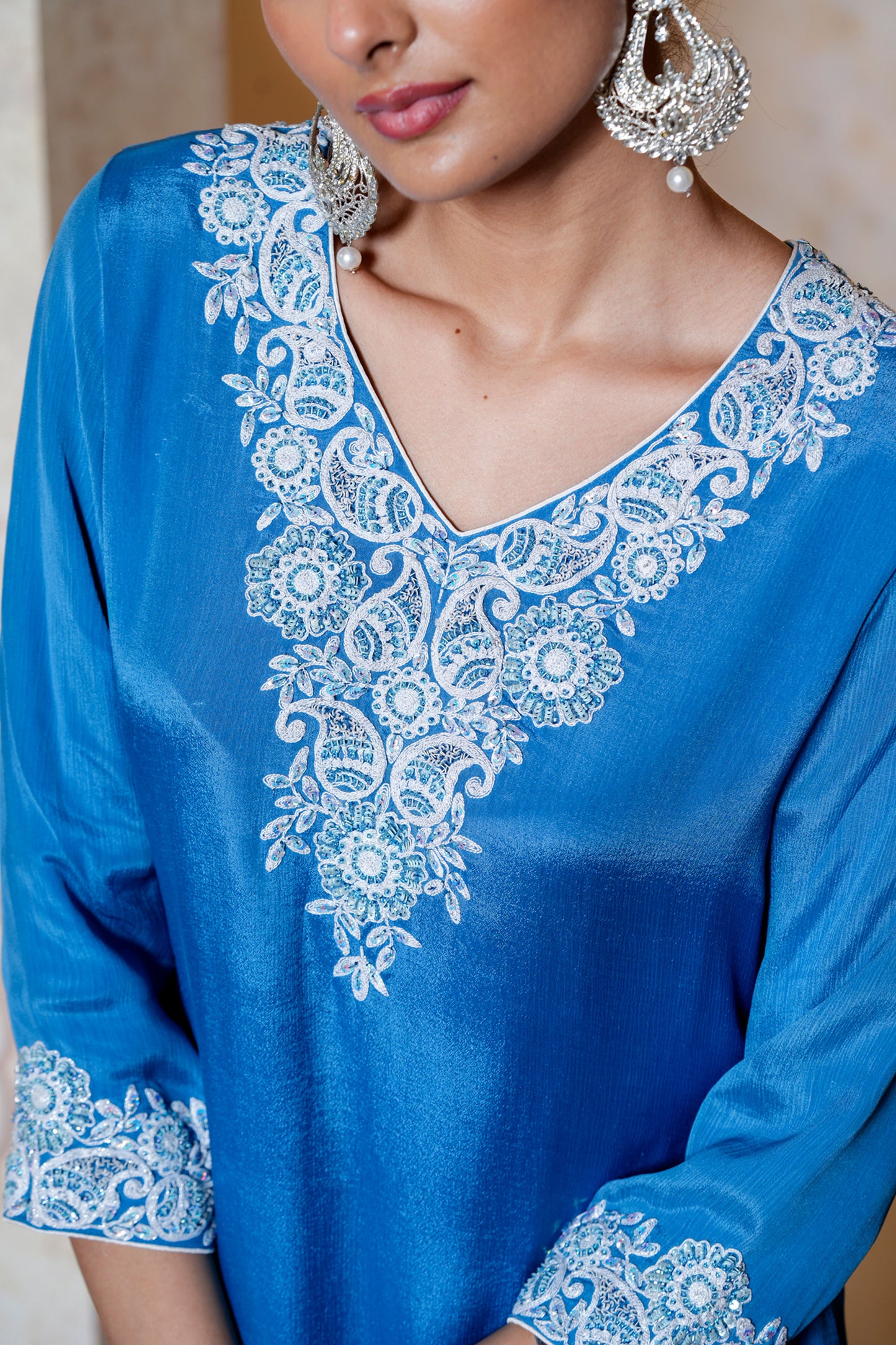 Blue Chinnon With Dori Work Suit Set