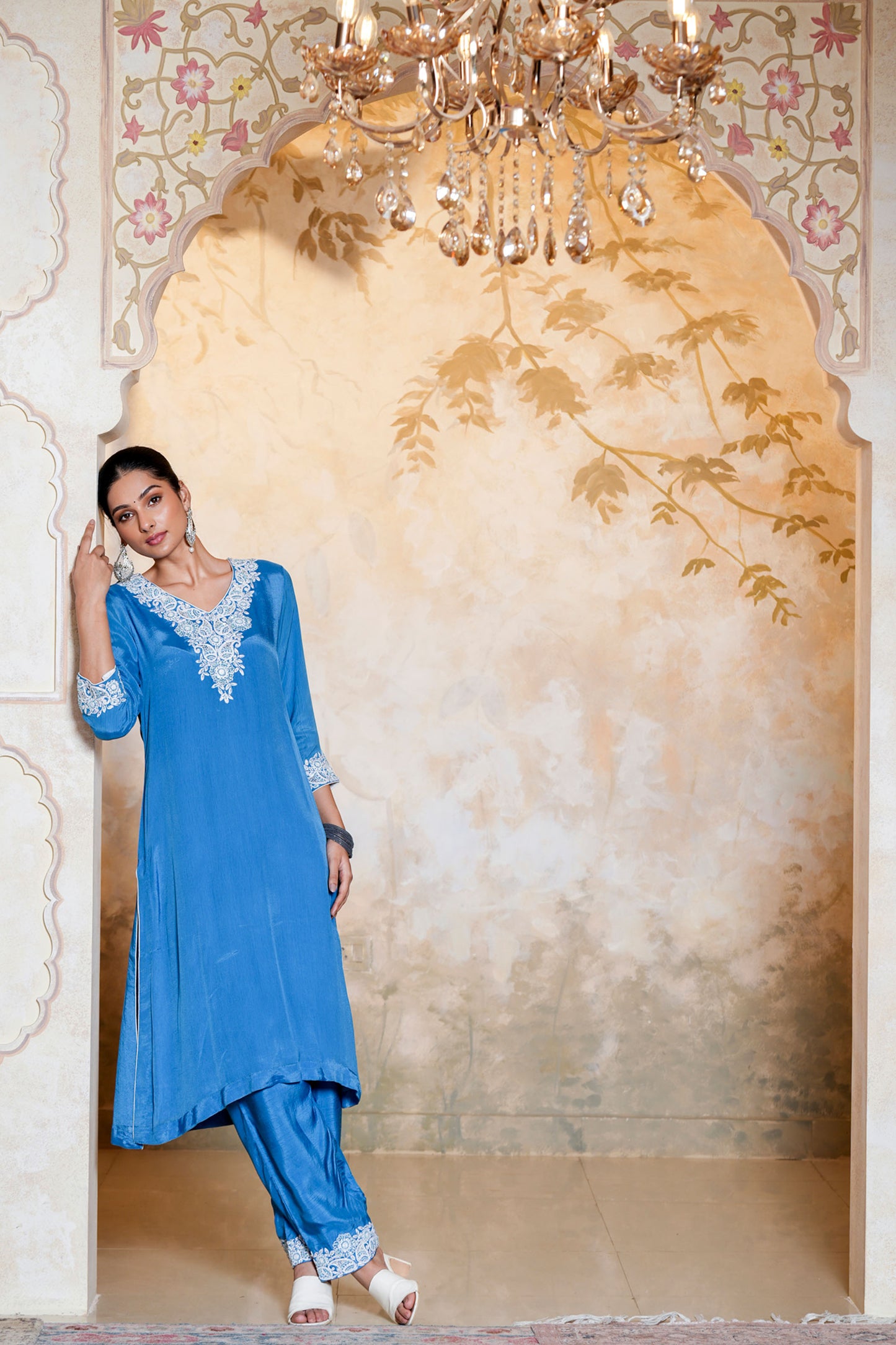 Blue Chinnon With Dori Work Suit Set