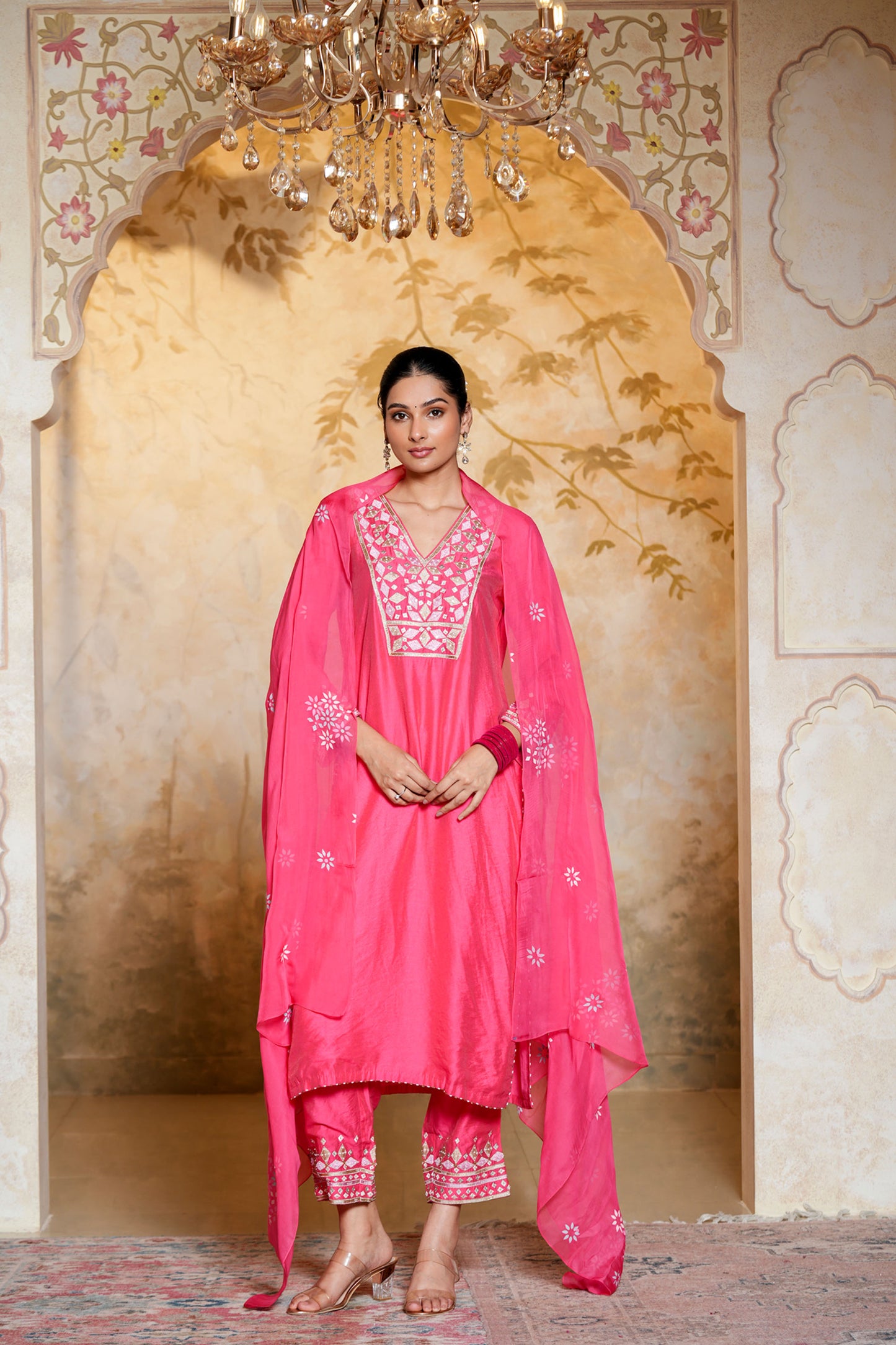 Pink Viscose Chanderi Hand Work Kurta Set