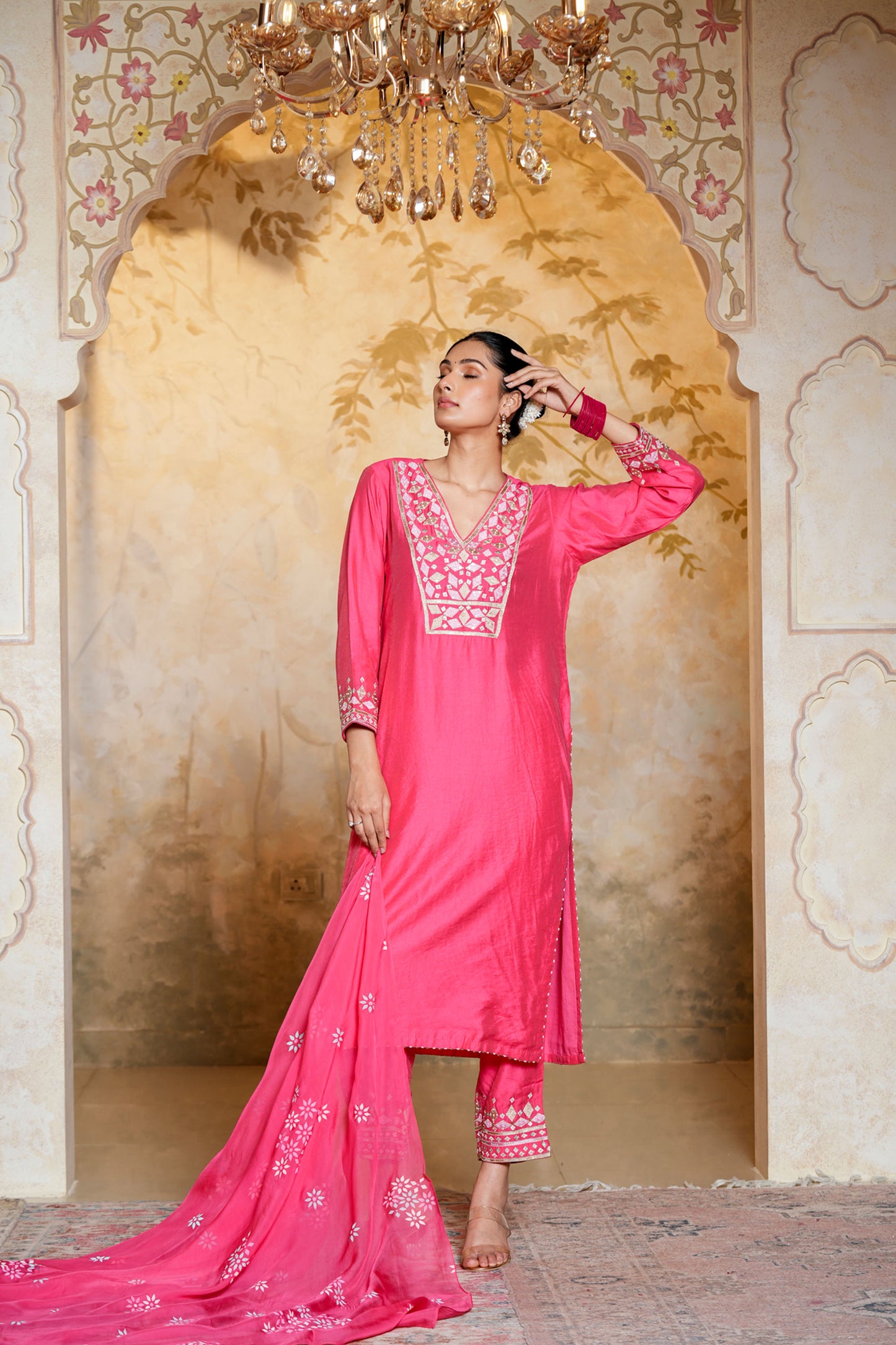Pink Viscose Chanderi Hand Work Kurta Set