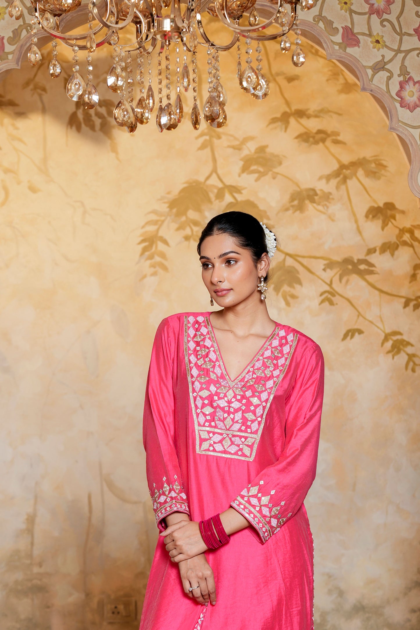 Pink Viscose Chanderi Hand Work Kurta Set