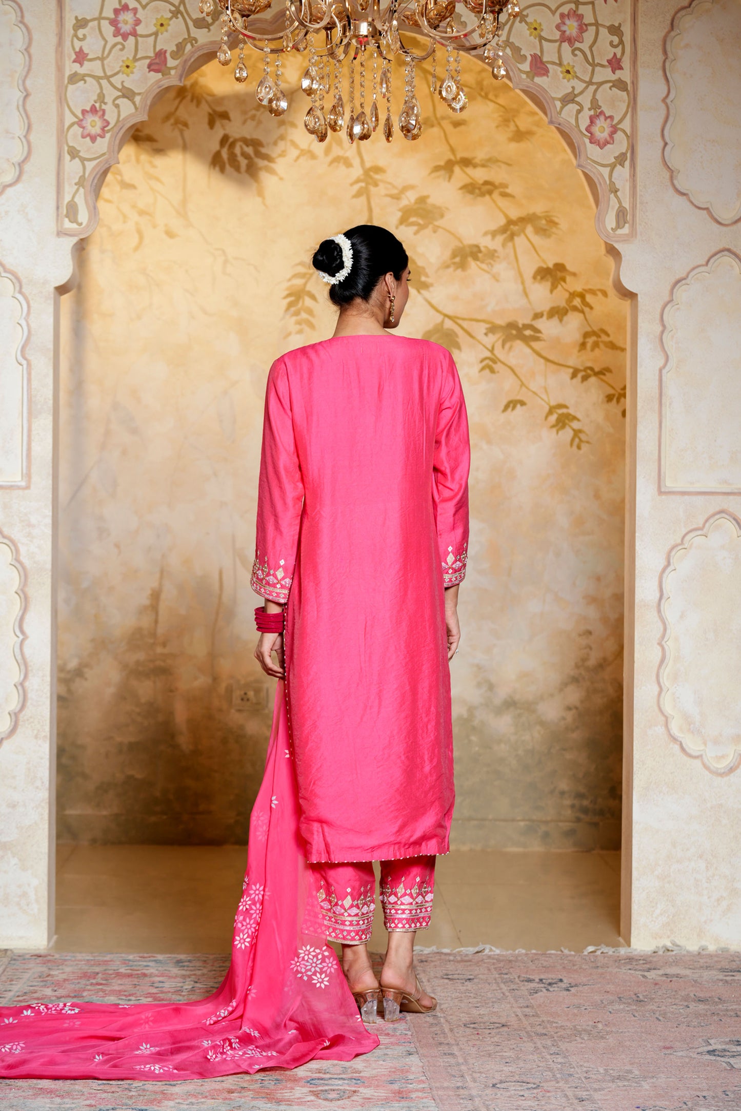 Pink Viscose Chanderi Hand Work Kurta Set