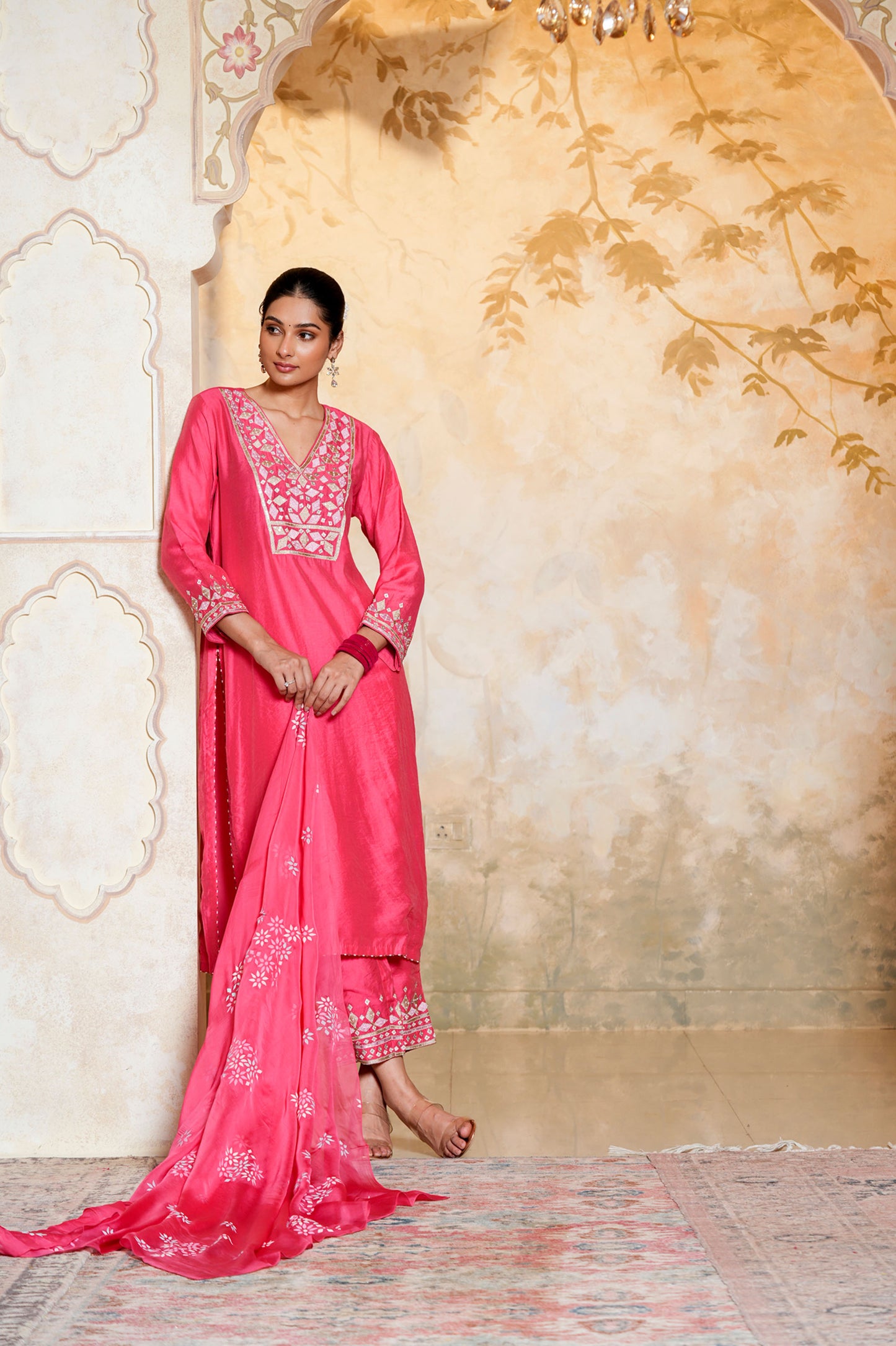 Pink Viscose Chanderi Hand Work Kurta Set