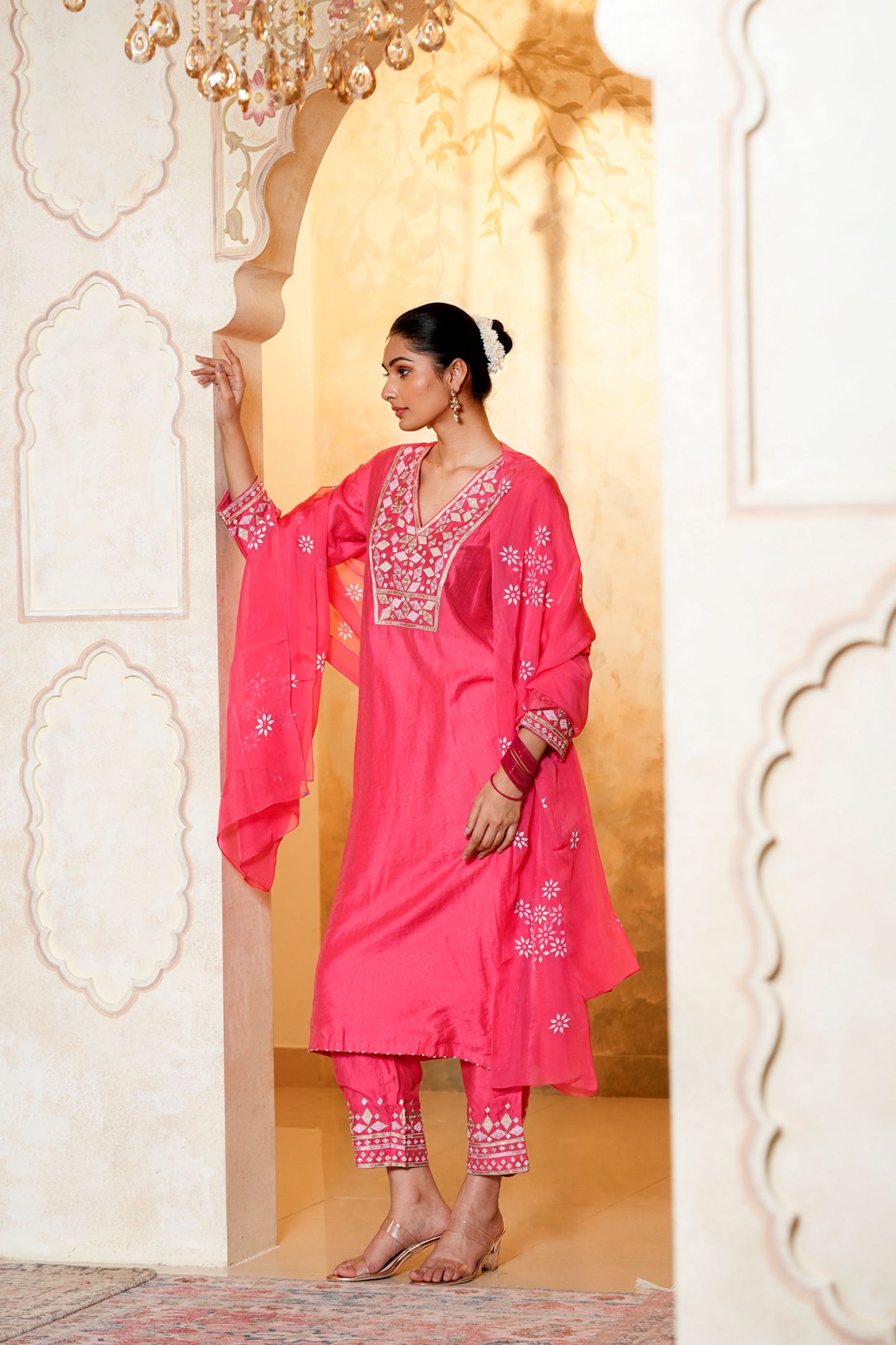 Pink Viscose Chanderi Hand Work Kurta Set