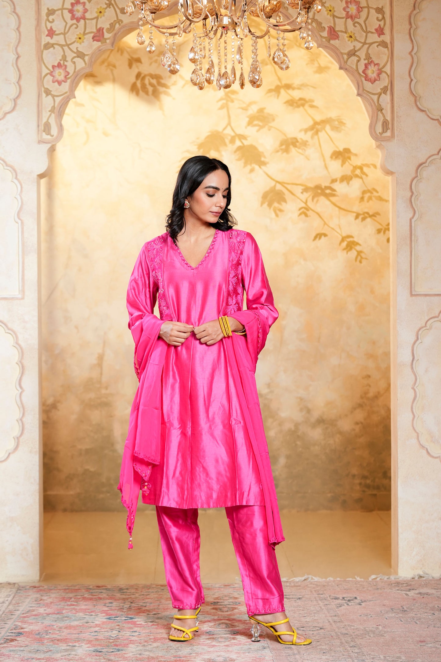 Pink Chanderi Sequins& Cut Dana Work Embroidery Suit Set