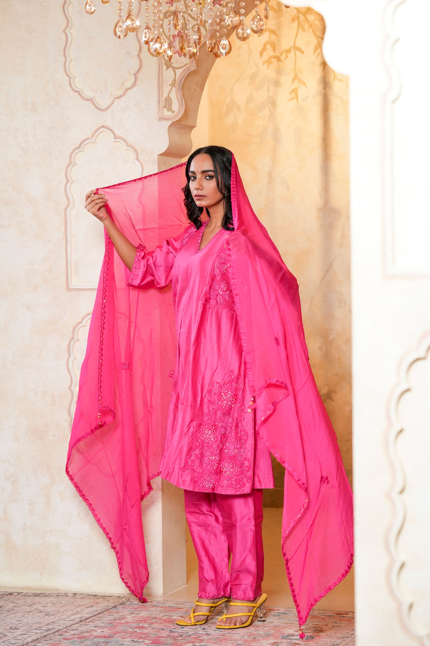 Pink Chanderi Sequins& Cut Dana Work Embroidery Suit Set