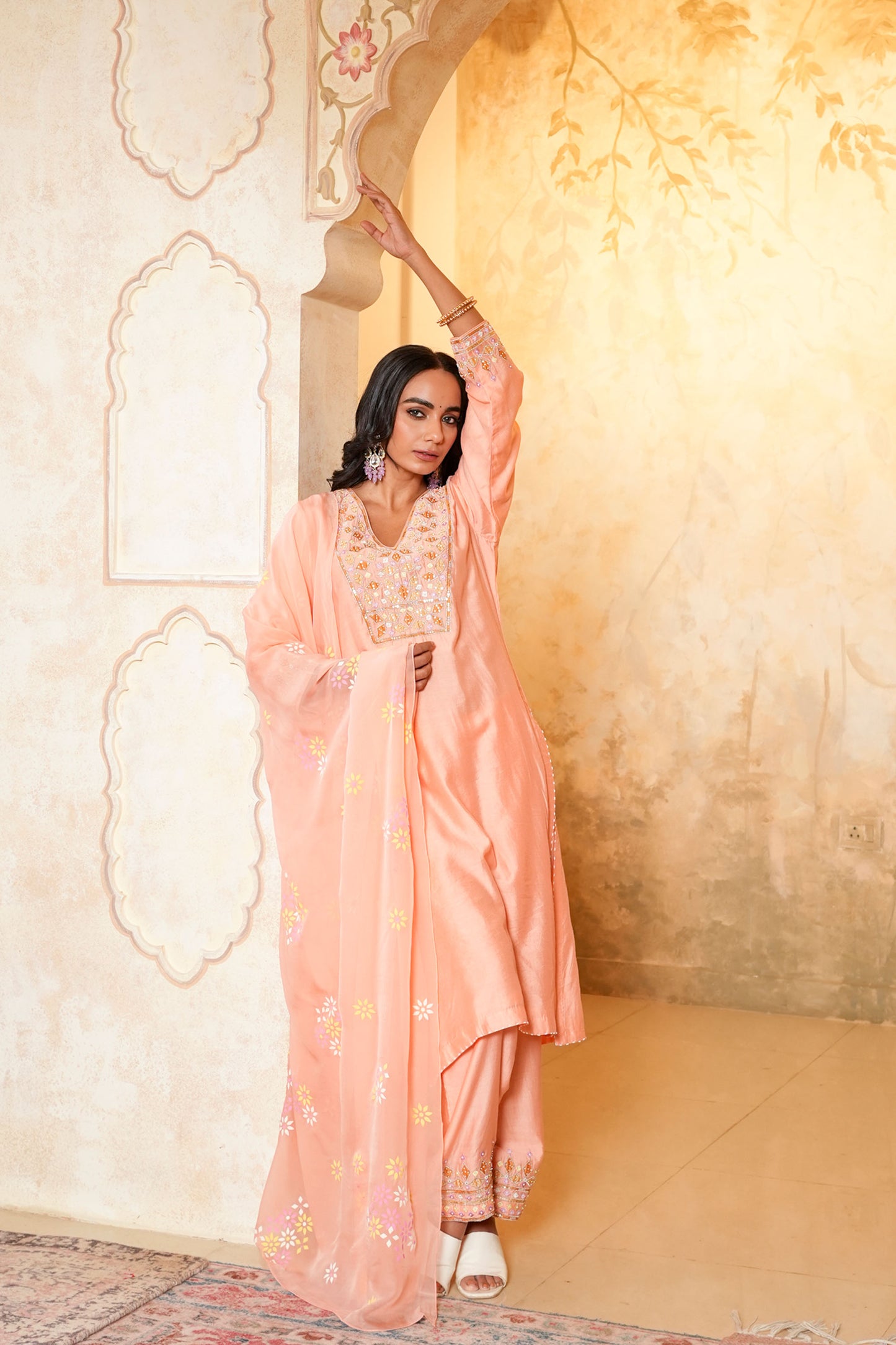 Peach Viscose Chanderi Hand Work Kurta Set