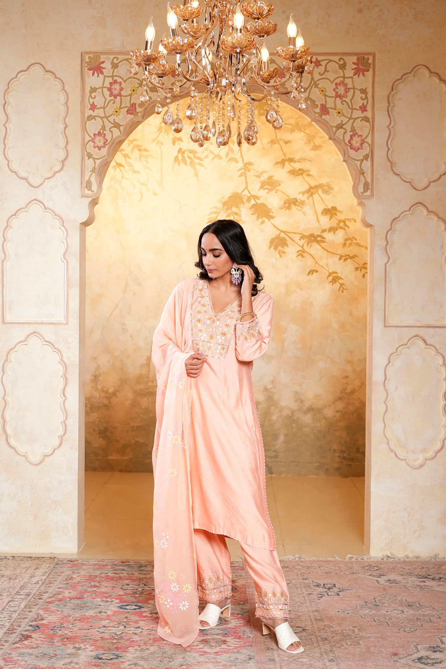 Peach Viscose Chanderi Hand Work Kurta Set