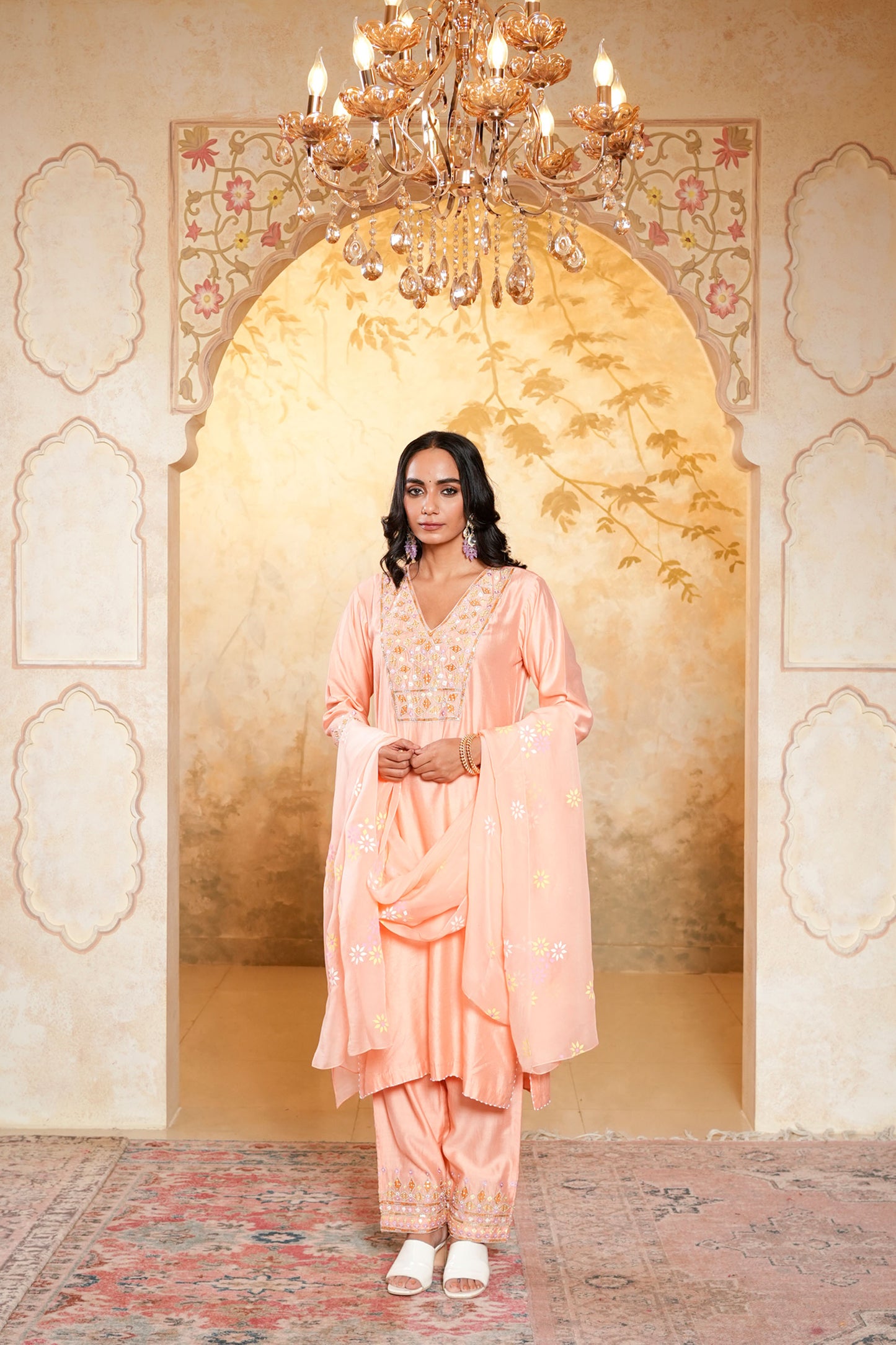 Peach Viscose Chanderi Hand Work Kurta Set